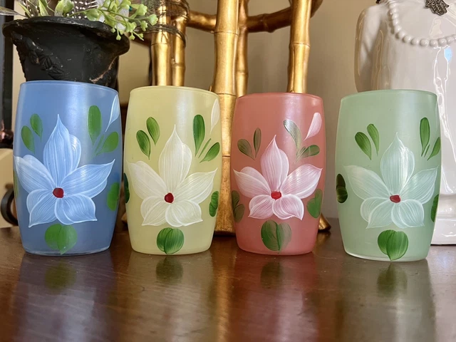 Vtg 4 Pcs Bartlett Collins Gay Fad Floral Hand Painted Frosted Glasses