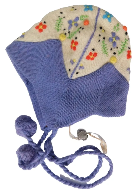 Vintage baby bonnet Knitted wool infant hat Embroidered flowers Lead excise seal