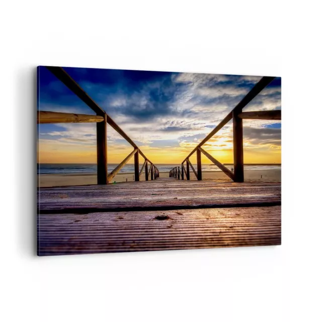 Quadro su Tela 100x70cm Spiaggia oceano sabbia ponte di legno tramonto Murale