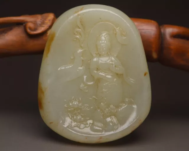 Chinese Natural Hetian Jade Carved Kwan Yin Statue Good Luck Pendant Jewelry Art