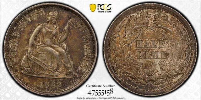 1862 P Seated Half Dime H10c 5c PCGS AU 58 About Uncirculated US Type Coin