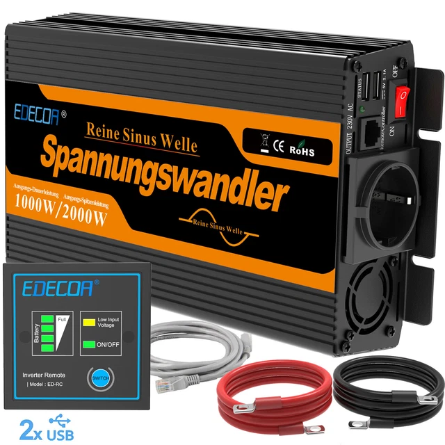 EDECOA Reiner Sinus Spannungswandler 12V 230V 1000W 2000W Wechselrichter V3.0