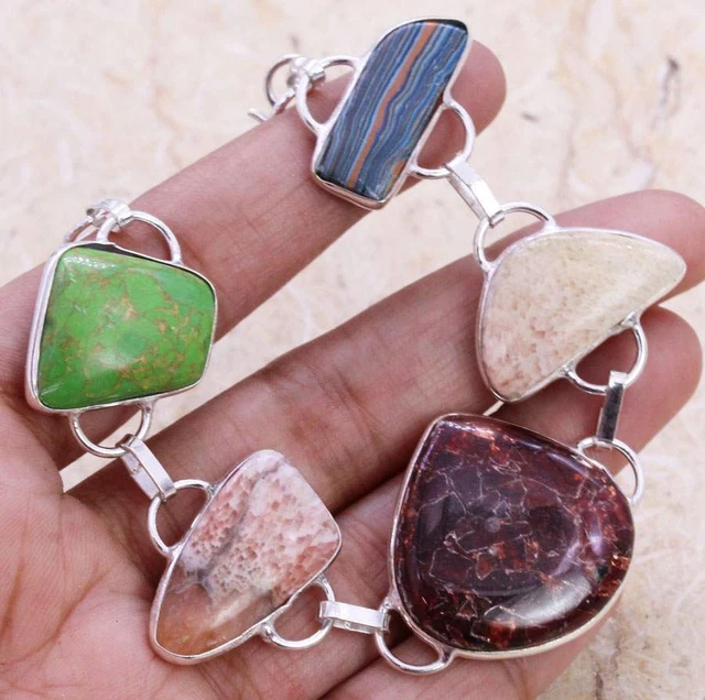 Copper Garnet 925 Silver Plated Handmade Bracelet of 7" Ethnic Gift