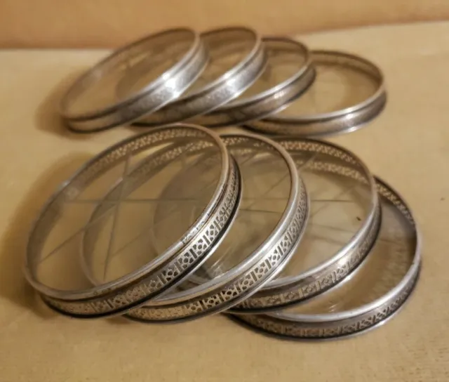 Vintage Set Of 8 Webster Sterling Silver Rimmed Cut Glass Coasters