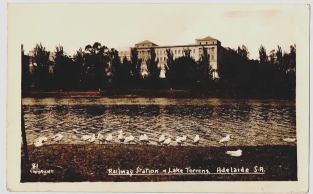 Postcard of Railway Station and Lake Torrens, Adelaide SA. Photograph 1930.