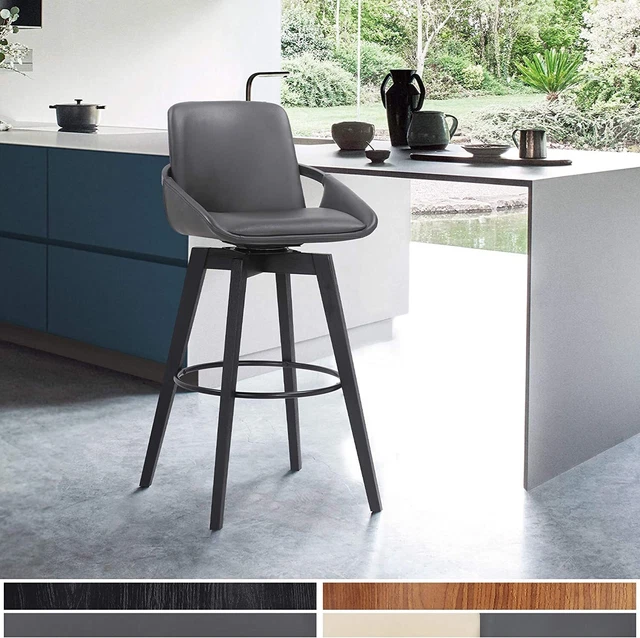 Armen Living Baylor Swivel Wood Stool Faux Leather Gray/Black 26"