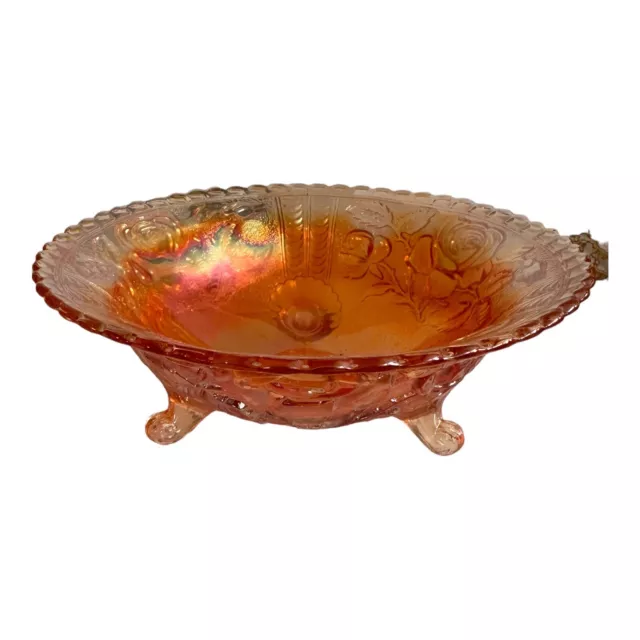 Vintage Imperial Marigold Carnival Glass Rose Pattern Footed Bowl