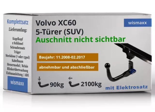 AHK vertikal abnehmbar passt für Volvo XC60 08-17 +13pol E-Satz spezifisch