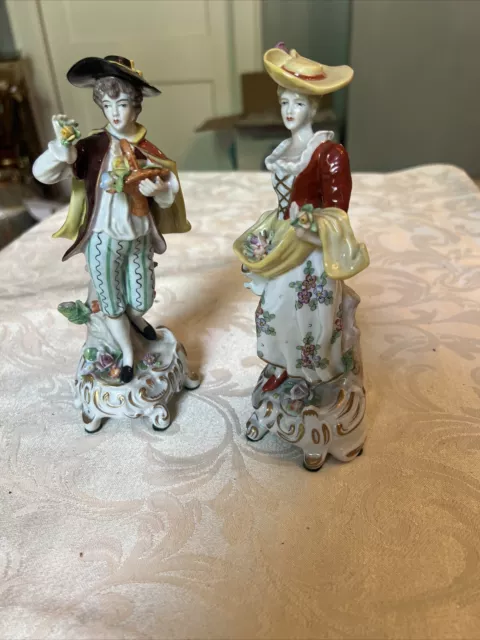 Antique Porcelain Figurine Pair Victorian Flower Peddlers Man & Woman Sitzendorf
