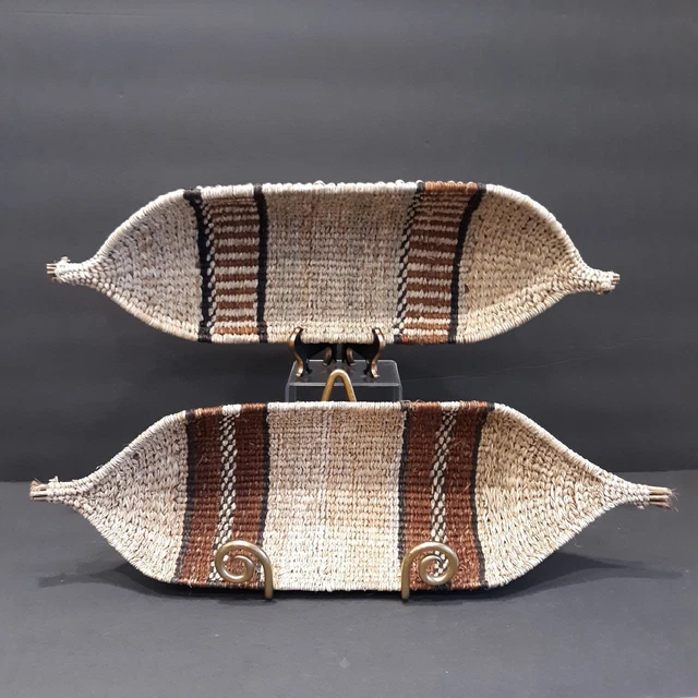 2) African Ethiopian 17.5/18" Gambela Native Woven Boat Canoe Gathering Baskets