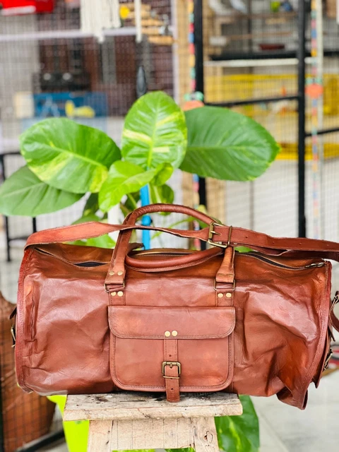 Grand Sac De Sport En Cuir Véritable – Vintage – Homme – Marron – Fait Main (Inde)