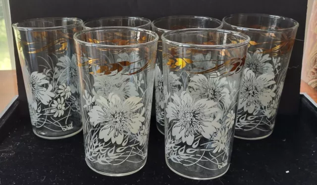 Vtg MCM Federal Glass Juice Tumblers White Gold Floral Drinking Glass set of 6