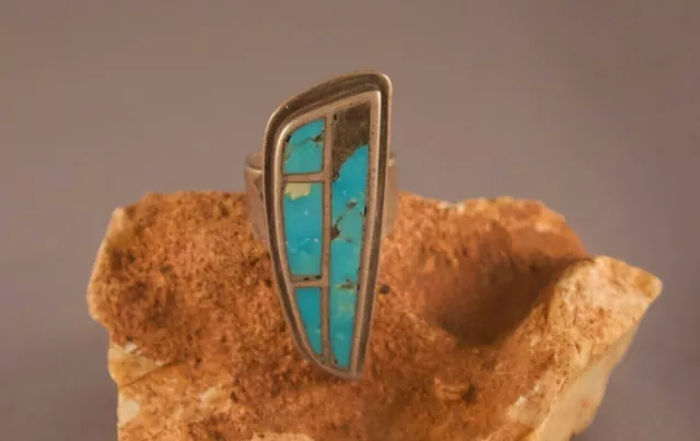 Old Pawn Zuni Sterling Silver And Inlayed Turquoise Ring  ..Size 4 3/4