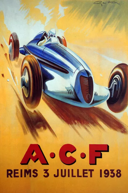 1938 Acf Reims Grand Prix Automobile Race Car Racing France Vintage Poster Repro