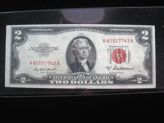 USA $2 1953-A A60527743A # UNITED STATES Note RED Seal Dollars Circ Bill Money