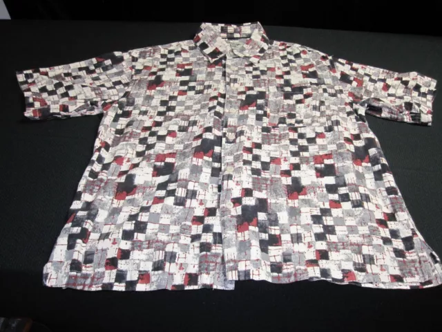 Vintage Silk Shirt 100% Men's Large Long Sleeve Black/red/gray Geometric~4855