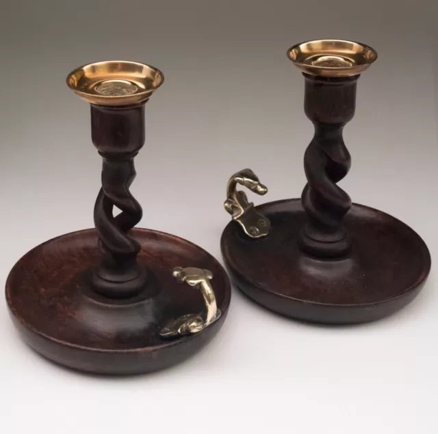 Pair Antique Wooden Chamberstick Candlesticks Holders Turned Barley Twist Brass
