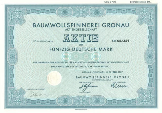 Baumwollspinnerei Gronau AG - Gronau in Westfalen - Aktie - 1987 - 50 Deutsche M