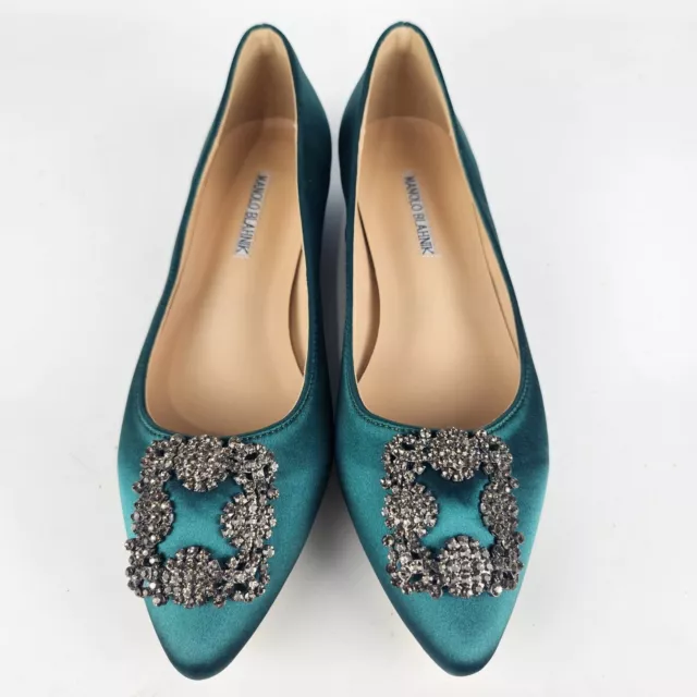 Manolo Blahnik Crystal Embellished Hangisi Silky Satin Green 39 Classic Flat