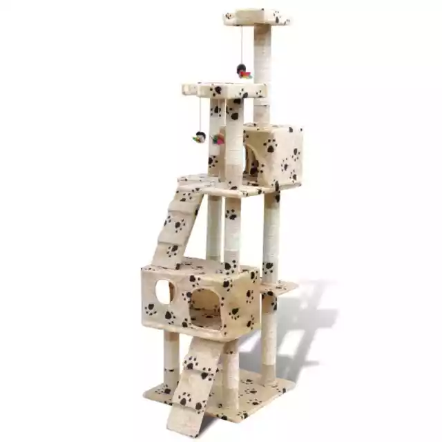 Arbre à chat 170 cm en beige avec motif d'empreinte de patte2 niches 2