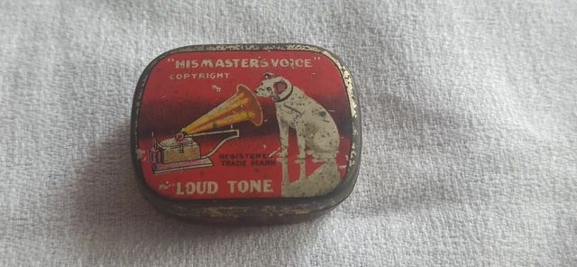 Boîte ancienne en tôle lithographiée aiguille phono " His Masters Voice"