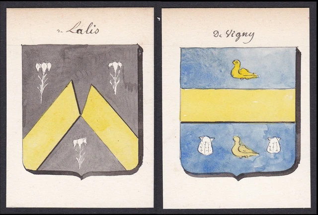19. Siglo Alfred De Vigny De Lalis Francia Escudo Abrigo De Arms Acuarela