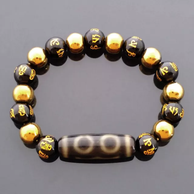 Feng Shui Authentique Tibétain OLD 3 Eyed Dzi Perle Bracelet Extensible... 2