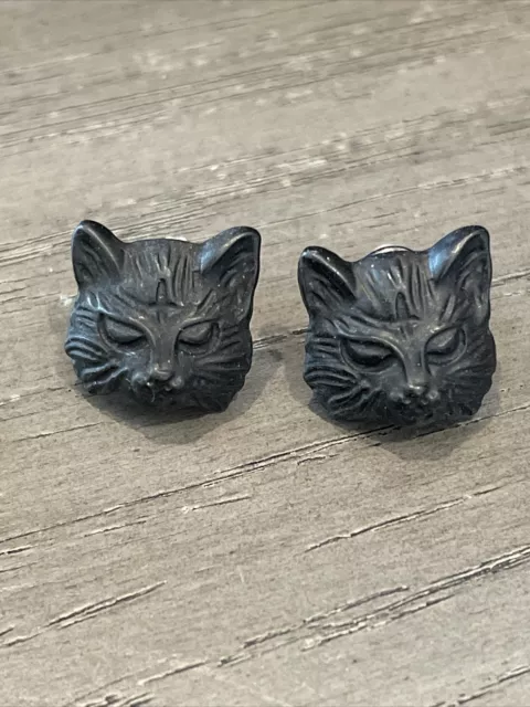 Spooky Black Cat Head ~ Cast Iron Look ~ Metal Earrings Stud HALLOWEEN