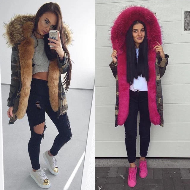 Parka Avec Capuche En Véritable Fourrure De Renard - Marque Emas Fur, Rose/noir, Neuf Sans étiquettes