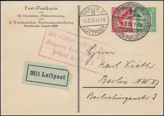 Mit Luftpost befördert über Tempelhofer Feld Postamt Berlin SSt Dortmund 4.8.26