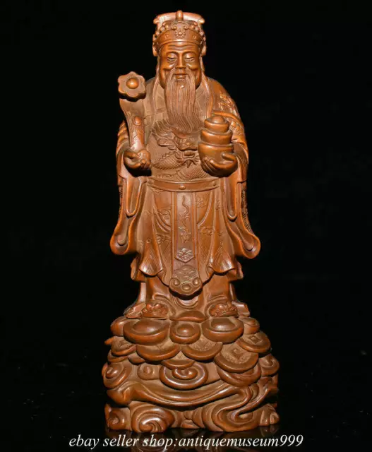 8" Old Chinese Boxwood Wood Carved Stand Mammon Money Wealth God Yuanbao Statue