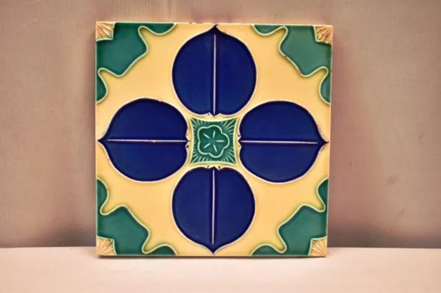 Vintage Japan Tile Majolica Art Nouveau Danto Kaisha Porcelain Blue Leaf Four"86