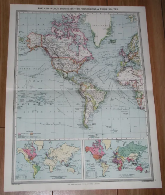 1908 Antique Map Of The World Western Hemisphere North America British Colonies