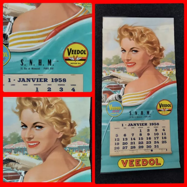 ANCIENNE AFFICHE HUILE VEEDOL 1958 Pin Up calendrier vintage déco