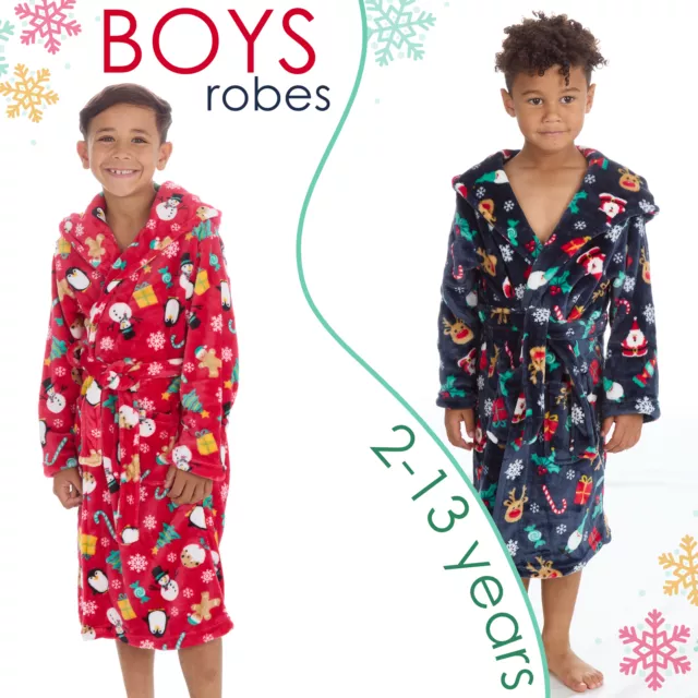 Boys Hooded Xmas Dressing Gown Christmas Robe Plush Fleece Bathrobe 2-13 Years