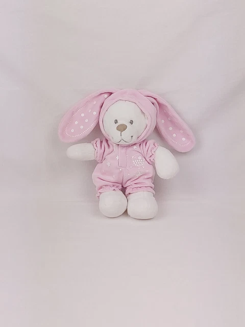 Doudou peluche ours blanc déguisé en lapin salopette rose pois blanc Nicotoy