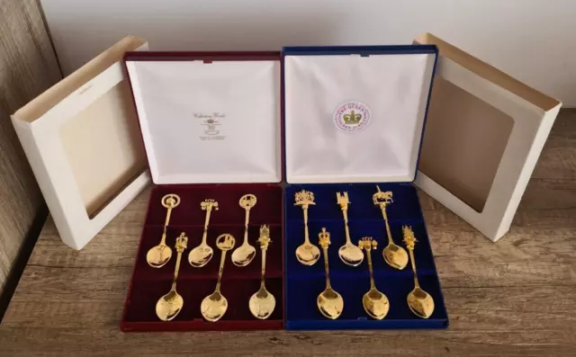 2 Boxes 22ct Gold Finish Spoons Queens Golden Jubilee 02 & 50Yrs Coronation 03