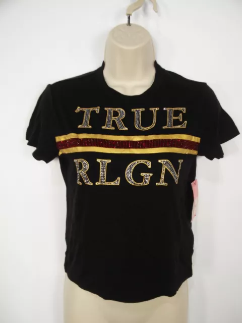 *New* Womens True Religion Black Diamonte Logo Motif Crew Cropped T Shirt Top Xs