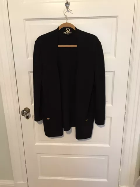 St. John Basics Long Open Front Cardigan sz Medium Black Santana Knit Pockets