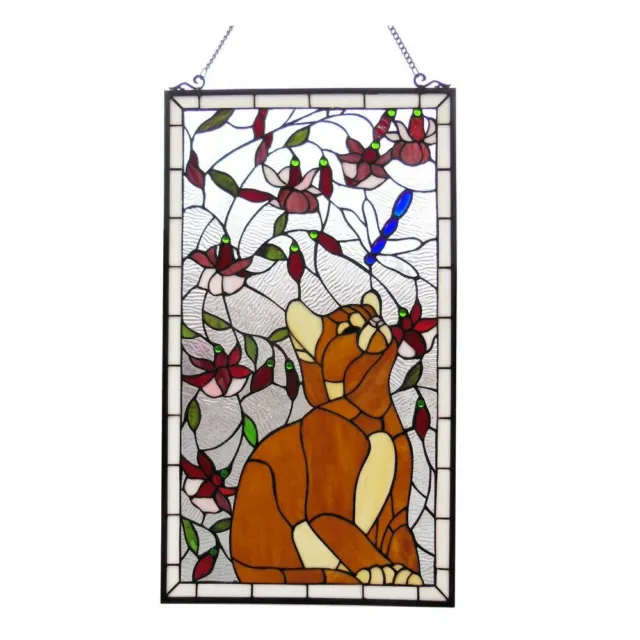 Tiffany Style Kitten Cat and Dragonfly Design Stained Glass Window Panel 31Hx18W
