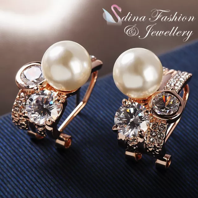 18K Rose Gold Filled Simulated Pearl CZ Luxury French Clip Cluster Stud Earrings