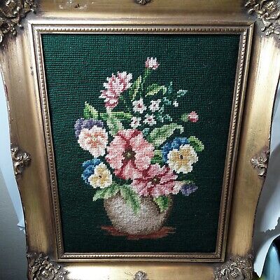 Vintage Old Finished framed needlepoint picture Flowers14.5"x17.5"  golden frame