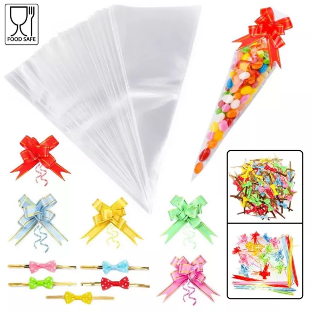 Clear Cellophane Cone Sweet Bags Small Large Sweetie Party Bag Gift Cones + Bows