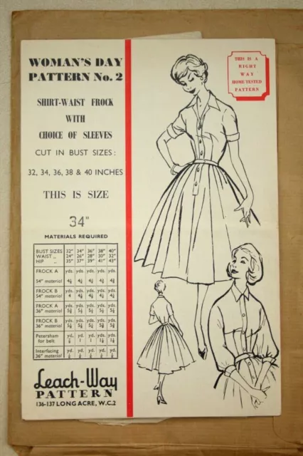 Vintage 1958 Leach Way Dress Sewing Pattern Woman's Day No.2 Size 34"