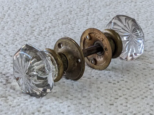 Set of 2 Vintage 8-Point Crystal Glass & Brass Door Knobs with Starburst Fronts