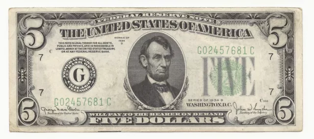 1934-D $5 Dollar Bill Federal Reserve Note FRN Chicago 681C-KCM