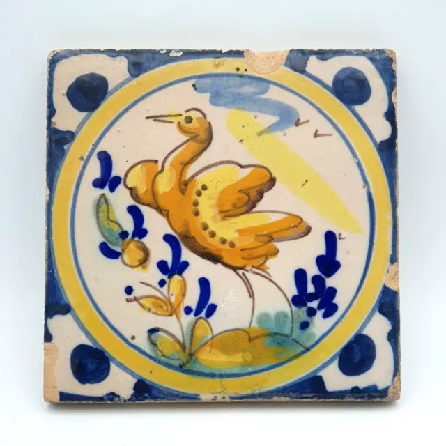 Vintage Continental Dutch Hand Painted Bird Polychrome Ceramic Tile 5.5" Delft?