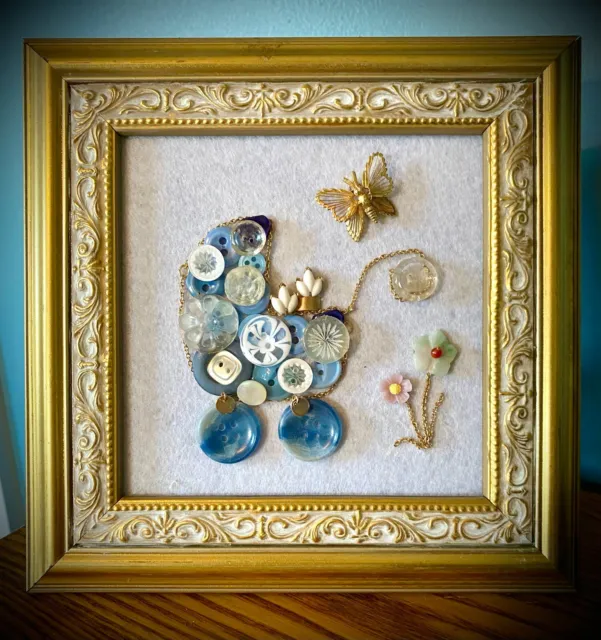 Vintage Jewlery/Buttons, Blue Baby Buggy, Framed