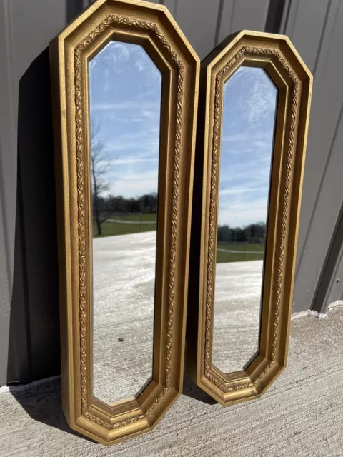 Pair of Vintage Gold Framed Skinny Mirror MCM Style Wall Accents NLHB