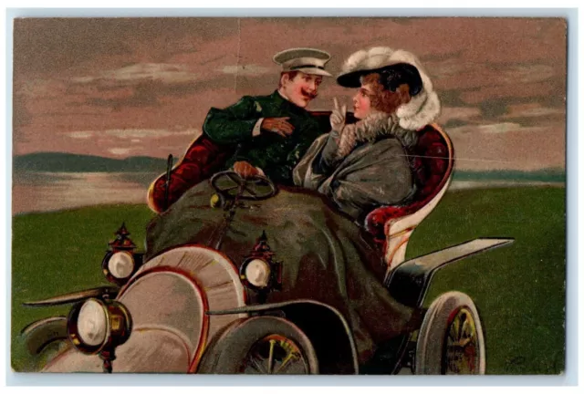 1907 Couple Romance Driving Car Embossed Quincy Illinois IL Antique Postcard